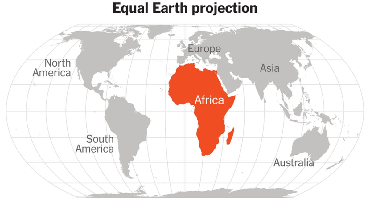 Equal Earth world map projection showing Africa at its more accurate relative size